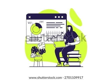 Digital business web concept with flat people for website design. Woman analyzing financial data on diagram and chart, analyzing sells performances and clients, making report. Vector illustration.