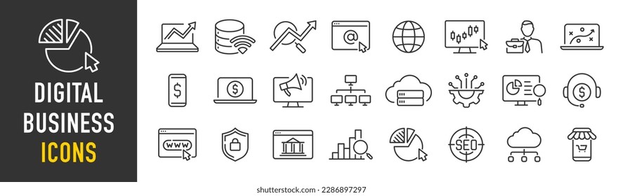 Digital Business web icons in line style. Marketing, data management, social network, business technology, information technology, collection. Vector illustration.