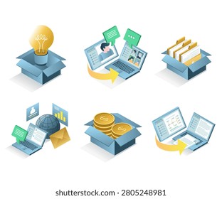 Digital Business Workflow and Cloud Collaboration Icons Set with Innovation Data Management Communication and Finance