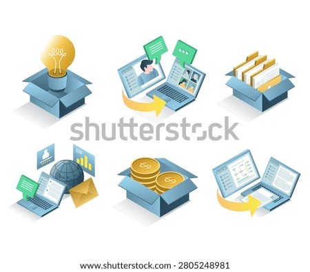 Digital Business Workflow and Cloud Collaboration Icons Set with Innovation Data Management Communication and Finance