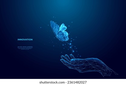 Digital butterfly flies away from hand. Future transform or technology innovation concept. Abstract close-up hand and butterfly in low poly wireframe style. Blue hologram x-ray beautiful insect.