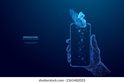 Digital butterfly flies away from the smartphone screen. Abstract close-up human hand holding phone with a blue hologram of insect over the screen. Futuristic low poly wireframe vector illustration.