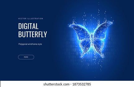 Digitaler Schmetterling im futuristischen polygonalen Stil auf blauem Hintergrund. Konvertieren von Binärkode in einen Schmetterling, Metamorphose von Erneuerung oder Transformation.Erfolgreiche Umsetzung von Geschäftsideen