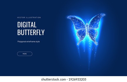 Digital butterfly in a futuristic polygonal style on a blue background. Converting binary code into a butterfly, metamorphosis of renewal or transformation.Successfully bringing business ideas to life