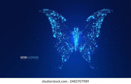 Ilustración de mariposa digital con un estilo digital futurista y técnicas de pixel art. Efectos de luz brillante de mariposa, concepto para proyectos de temática tecnológica, arte digital