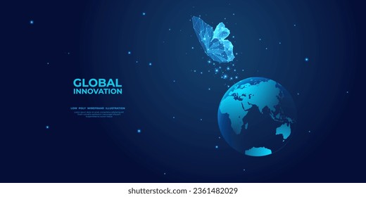 Digital butterfly launching out from technology globe Earth. Abstract technology innovation concept. Futuristic low poly wireframe vector illustration. Blue hologram x-ray polygonal geometry style.