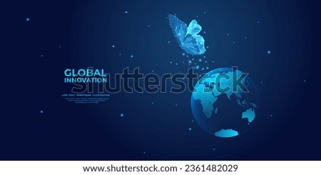 Digital butterfly launching out from technology globe Earth. Abstract technology innovation concept. Futuristic low poly wireframe vector illustration. Blue hologram x-ray polygonal geometry style.