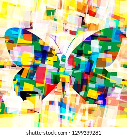 Digital butterfly on colorful seamless texture.