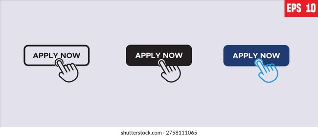 A digital button intended to prompt users to submit an application for a job, service, or program. APPLY NOW, A dark gray rounded rectangular button. A black and blue cursor hand icon is shown clicking the button.