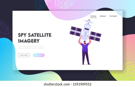 Digital Cable Communication Network Website Landing Page. Man Holding Satellite. Wireless Mobile Connection Server. Character Catch Signal from Space Web Page Banner. Cartoon Flat Vector Illustration