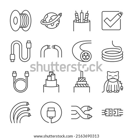 Digital Cable icons set.  Cables of various types and purposes. Telecommunications, Internet, telephony, linear icon collection. Line with editable stroke Foto stock © 