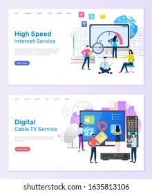 Digital cable TV service vector, people with screen of television and remote controller, high speed of internet clients using online innovations. Website or webpage template, landing page flat style