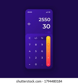 Digital calculator app smartphone interface vector template. Mobile app page night mode design layout. Calculations screen. Flat UI for application. Numbers and mathematical signs on phone display