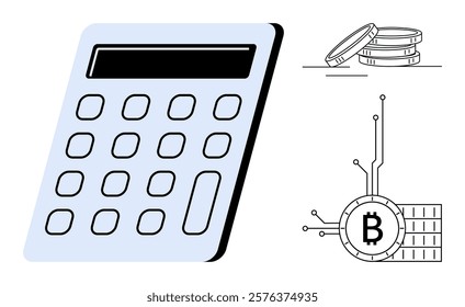 A digital calculator and a bitcoin symbol with circuitry suggest cryptocurrency calculations. Nearby, a stack of coins underscores financial and economic themes. Ideal for finance, cryptocurrency