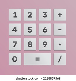 Diseño de la calculadora digital fondo rosa, botones con números y acciones matemáticas, numeración más menos igual, ilustración vectorial