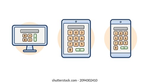 Digital calculator icon set, accountant math machine apps and software on different devices, computer, tablet, smartphone, isolated vector icons.