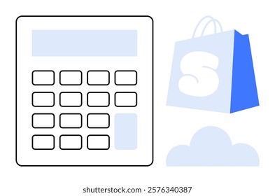 Digital calculator with large display beside shopping bag and cloud icon. Ideal for online shopping, e-commerce, financial calculations, cloud storage, modern technology. Simple minimalistic style