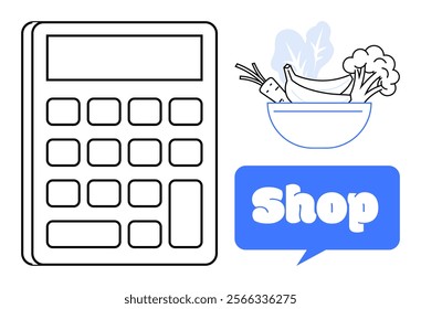 Digital calculator next to a bowl of vegetables and fruits including bananas, broccoli, carrots with a blue speech bubble reading Shop. Ideal for budgeting, healthy eating, shopping, finance