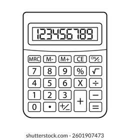 Digital Calculator Outline Vector Illustration. Calculator with rounded corners, a digital display showing numbers 123456789 and a full keypad with mathematical function buttons.