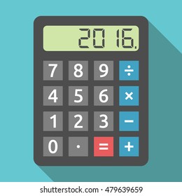 Digital calculator showing 2016 number. Finance, accounting, revenue, tax and results of year concept. Flat design. EPS 8 vector illustration, no transparency