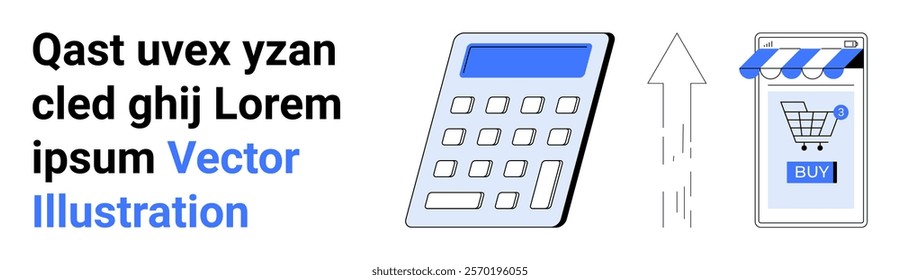 Digital calculator and upward arrow point to a smartphone with a storefront and shopping cart icon in blue tones. Ideal for online shopping e-commerce business growth financial technology calculation