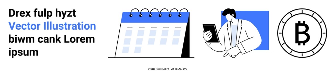 Calendário digital, homem de negócios visualização tablet, Bitcoin. Ideal para gerenciamento de tempo, planejamento corporativo, negócios digitais, finanças, tecnologia, criptomoeda, rastreamento de informações Página inicial