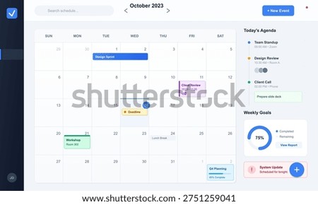 A digital calendar dashboard for October 2023 displaying a monthly schedule, daily agenda, weekly goals progress chart, and a system update notification in a clean, modern UI style.