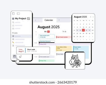 Digital Calendar interface for scheduling events and tasks. Modern productivity Planner with weekly and monthly views. Layout for time management applications of a digital interface with popup windows