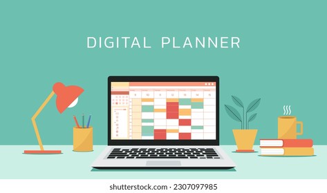 digital calendar planner on laptop screen for organization management and event appointment, flat vector illustration