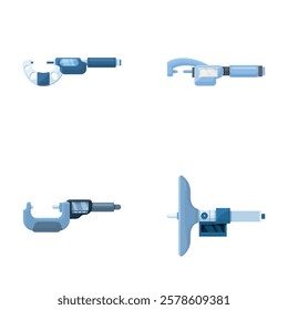 Digital caliper icons set cartoon vector. Laboratory electronic micrometer. Number precision tool