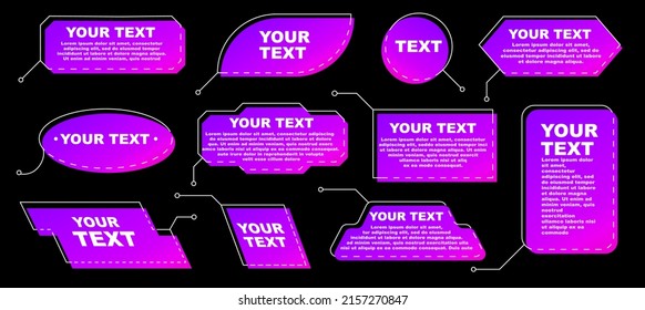 Digital callout box. Bright gradient text boxes templates, frames with sample text for projects, presentations or infographics. Isolated on black background