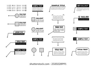 Digital callouts titles. Callout bar labels, information call box bars and modern digital info boxes layout templates vector illustration set