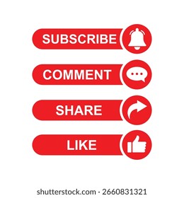 Digital call-to-action buttons featuring subscribe, comment, share, and like options. Ideal for enhancing engagement on social media platforms or websites.