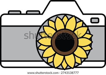 Digital camera with a bright yellow sunflower on the lens, representing creativity, photography, summer beauty, and nature's artistry. Stylized illustration.