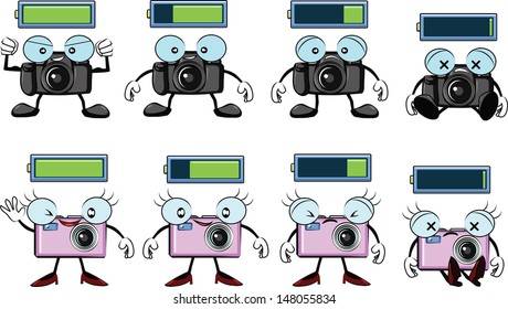 digital camera cartoon with battery levels from full to empty vector