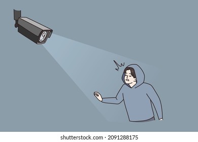 Digital camera catch criminal in light. CCTV modern cam detect monitor thief or burglar. Smart house automatic technology. House safety and security concept. Flat vector illustration. 