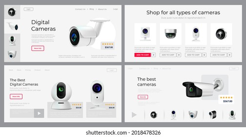 Digital camera concept, web page set, vector illustration. Technology for security, network call at computer. Internet electronic communication equipment, landing banner collection.