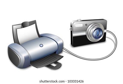 Digital camera connected to a color inkjet printer for printing photos. Vector illustration