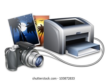 Digital camera connected to a color laser printer and printed photos. Vector illustration