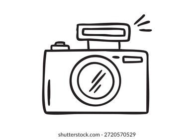 Doodle de la cámara digital, ilustración dibujada a mano, efecto de flash, icono de gadget compacto, concepto de boceto de foto simple dispositivo aislado. Ilustración vectorial