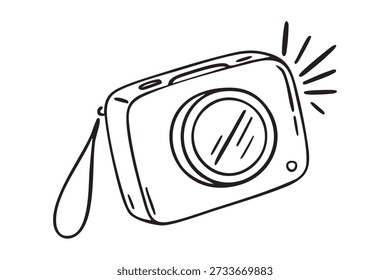 Digital camera doodle, hand drawn illustration, flash effect, compact gadget icon, photo simple sketch concept isolated device. Vector illustration