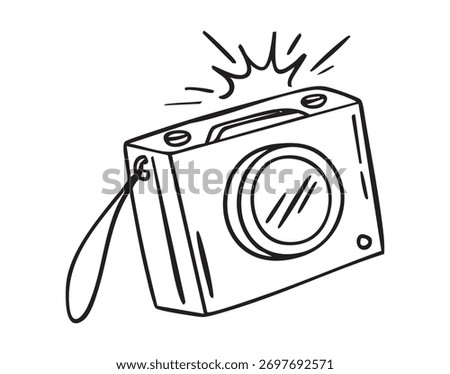 Digital camera doodle, hand drawn illustration, flash effect, compact gadget icon, photo simple sketch concept isolated device. Vector illustration