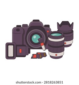 Digital Camera with Flash, Lenses and Memory Cards Flat Vector Illustration for Photography