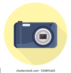 digital camera flat design icon isolated on yellow circle with shadow