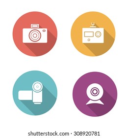 Digital camera flat design icons set. Slr vintage photocamera sign. Modern action camera pictogram. Video and webcam long shadow silhouette vector equipment symbols. Infographic multimedia elements   