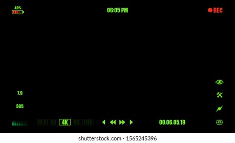 Digital camera frame viewfinder focusing screen of video recorder display or photo camera frames. Modern focusing screen. Camera viewfinder background with active REC, focus, full battery and time.