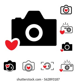 Digital Camera and Heart Icons Isolated. Snapshot Photography Sign or Logo. Instant Photo Concept