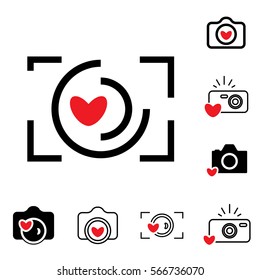 Digital Camera and Heart Icons Isolated. Snapshot Photography Sign or Logo. Instant Photo Concept