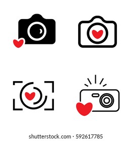 Digital Camera and Heart Icons Isolated. Snapshot Photography Sign or Logo. Instant Photo Concept