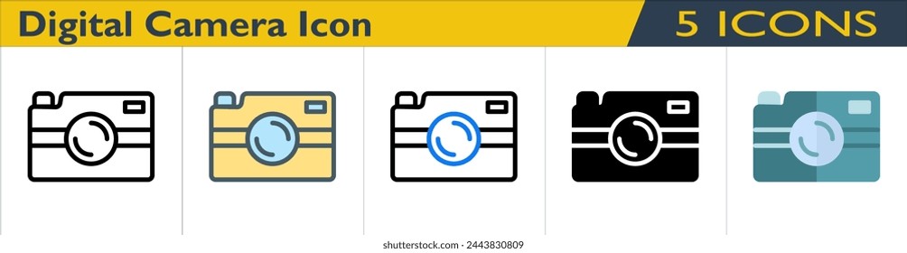 Digital Camera icon with 5 styles (outline, color lineal, color outline, solid and color)